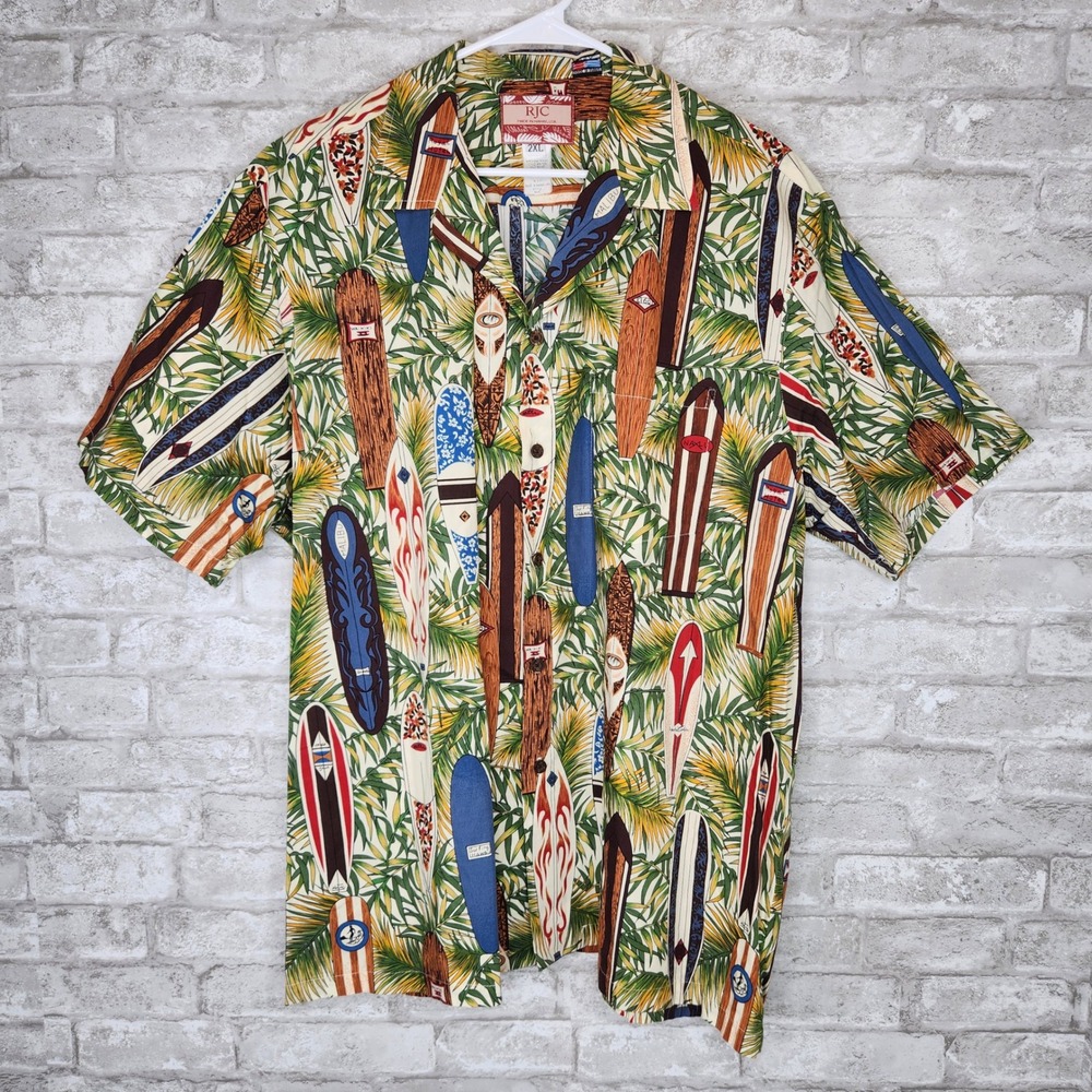 RJC Hawaiian Shirt‎ Surfboard Palm Leaf Print Tropical Aloha 2XL